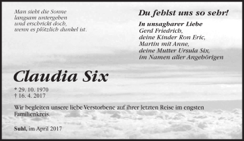 Traueranzeige von Claudia Six von Südthüringer Presse
