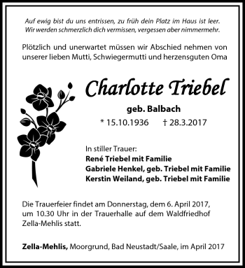 Traueranzeige von Charlotte Triebel von Südthüringer Presse