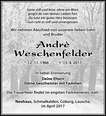 Traueranzeige von Andre Wesschenfelder von Südthüringer Presse