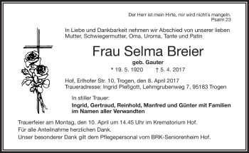 Traueranzeige von Selma Breier von Frankenpost