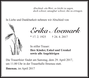 Traueranzeige von Erika Avemark von Südthüringer Presse