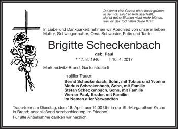 Traueranzeige von Brigitte Scheckenbach von Frankenpost