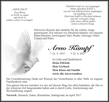 Traueranzeige von Arno Kämpf von Südthüringer Presse