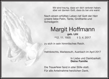 Traueranzeige von Margit Hoffmann von Frankenpost
