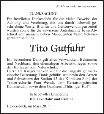 Traueranzeige von Tito Gutfahr von Südthüringer Presse