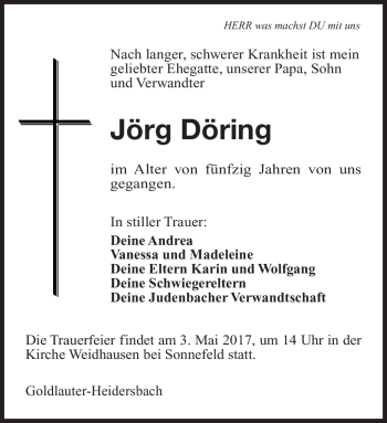 Traueranzeige von Jörg Döring von Südthüringer Presse