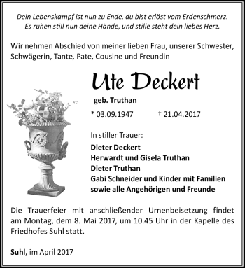 Traueranzeige von Ute Deckert von Südthüringer Presse