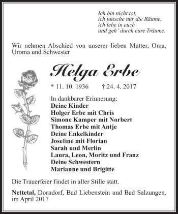 Traueranzeige von Helga Erbe von Südthüringer Presse