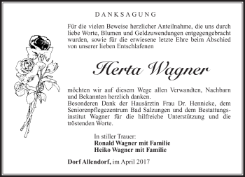 Traueranzeige von Herta Wagner von Südthüringer Presse