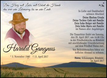 Traueranzeige von Harald Gangnus von Südthüringer Presse