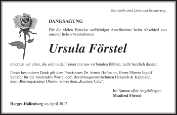 Traueranzeige von Ursula Förstel von Südthüringer Presse