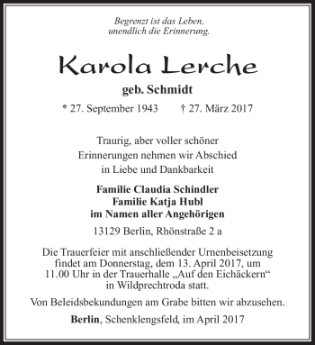 Traueranzeige von Karola Lerche von Südthüringer Presse