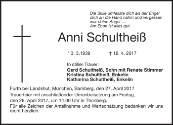 Traueranzeige von Anni Schultheiß von Neue Presse Coburg