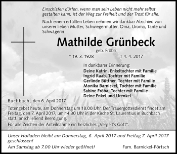 Traueranzeige von Mathilde Grünbeck von Neue Presse Coburg