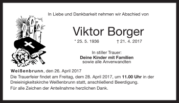 Traueranzeige von Viktor Borger von Neue Presse Coburg
