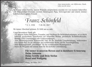 Traueranzeige von Franz Schönfeld von Südthüringer Presse