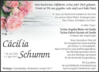 Traueranzeige von Cäcilia Schumm von Südthüringer Presse