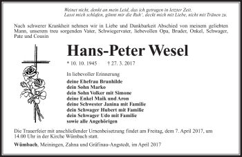 Traueranzeige von Hans-Peter Wesel von Südthüringer Presse