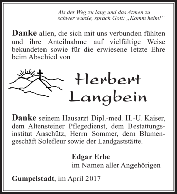 Traueranzeige von Herbert Langbein von Südthüringer Presse