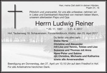 Traueranzeige von Ludwig Reiner von Frankenpost