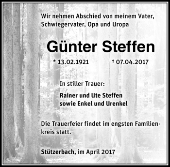 Traueranzeige von Günter Steffen von Südthüringer Presse
