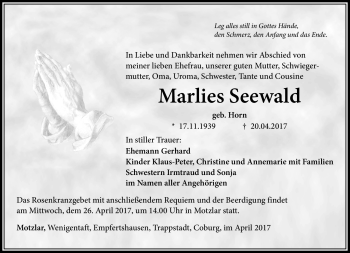 Traueranzeige von Marlies Seewald von Südthüringer Presse