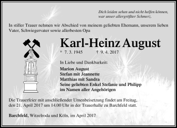 Traueranzeige von Karl-Heinz August von Südthüringer Presse