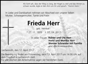 Traueranzeige von Frieda Herr von Neue Presse Coburg