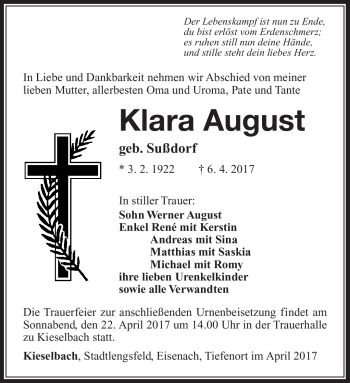 Traueranzeige von Klara August von Südthüringer Presse