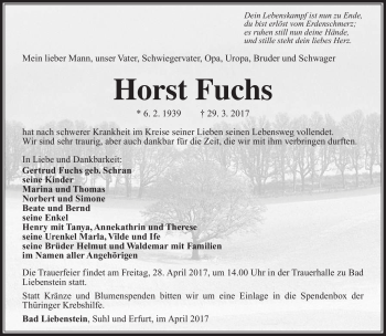 Traueranzeige von Horst Fuchs von Südthüringer Presse