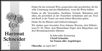 Traueranzeige von Hartmut Schneider von Südthüringer Presse
