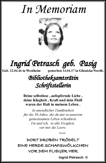 Traueranzeige von Ingrid Petrasch von Neue Presse Coburg