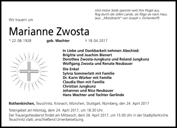 Traueranzeige von Marianne Zwosta von Neue Presse Coburg