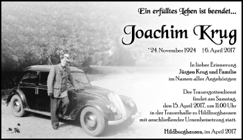 Traueranzeige von Joachim Krug von Südthüringer Presse