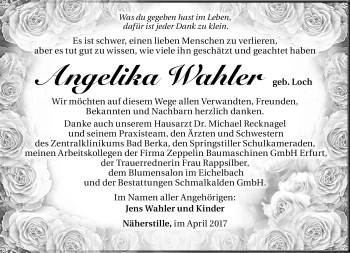Traueranzeige von Angelika Wahler von Südthüringer Presse