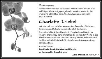 Traueranzeige von Charlotte Triebel von Südthüringer Presse