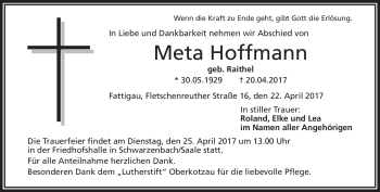 Traueranzeige von Meta Hoffmann von Frankenpost