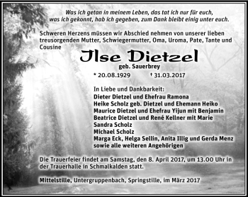 Traueranzeige von Ilse Dietzel von Südthüringer Presse