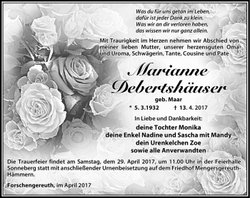 Traueranzeige von Marinanne Debertshäuser von Südthüringer Presse