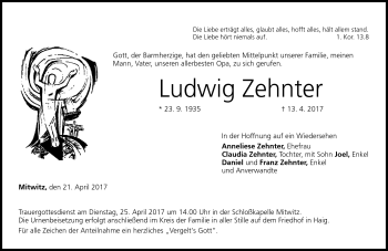 Traueranzeige von Ludwig Zehnter von Neue Presse Coburg