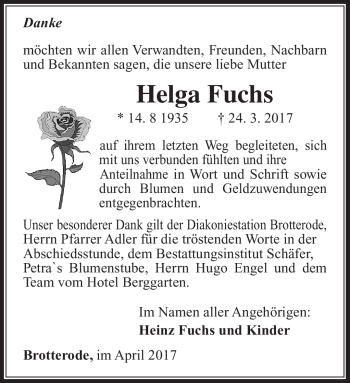 Traueranzeige von Helga Fuchs von Südthüringer Presse