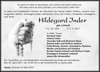 Traueranzeige von Hildgard Inder von Südthüringer Presse
