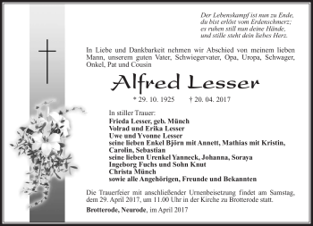 Traueranzeige von Alfred Lesser von Südthüringer Presse