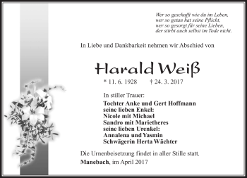 Traueranzeige von Harald Weiß von Südthüringer Presse