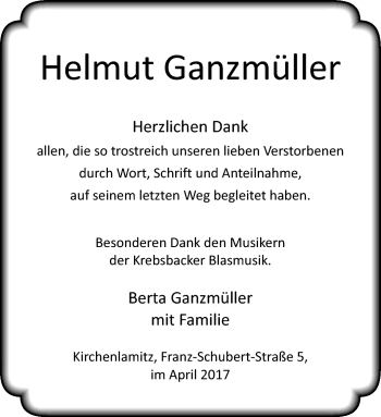 Traueranzeige von Helmut Ganzmüller von Frankenpost