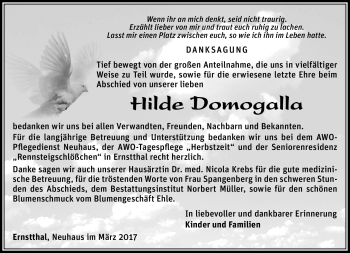 Traueranzeige von Hilde Domogalla von Südthüringer Presse