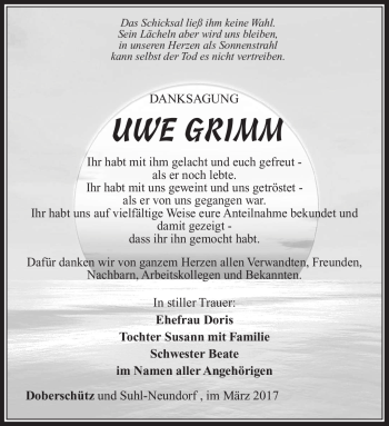 Traueranzeige von Uwe Grimm von Südthüringer Presse