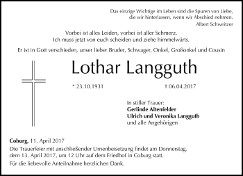 Traueranzeige von Lothar Langguth von Neue Presse Coburg