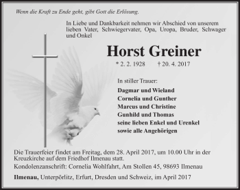 Traueranzeige von Horst Greiner von Südthüringer Presse