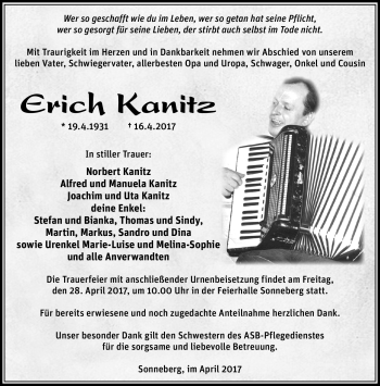 Traueranzeige von Erich Kanitz von Südthüringer Presse